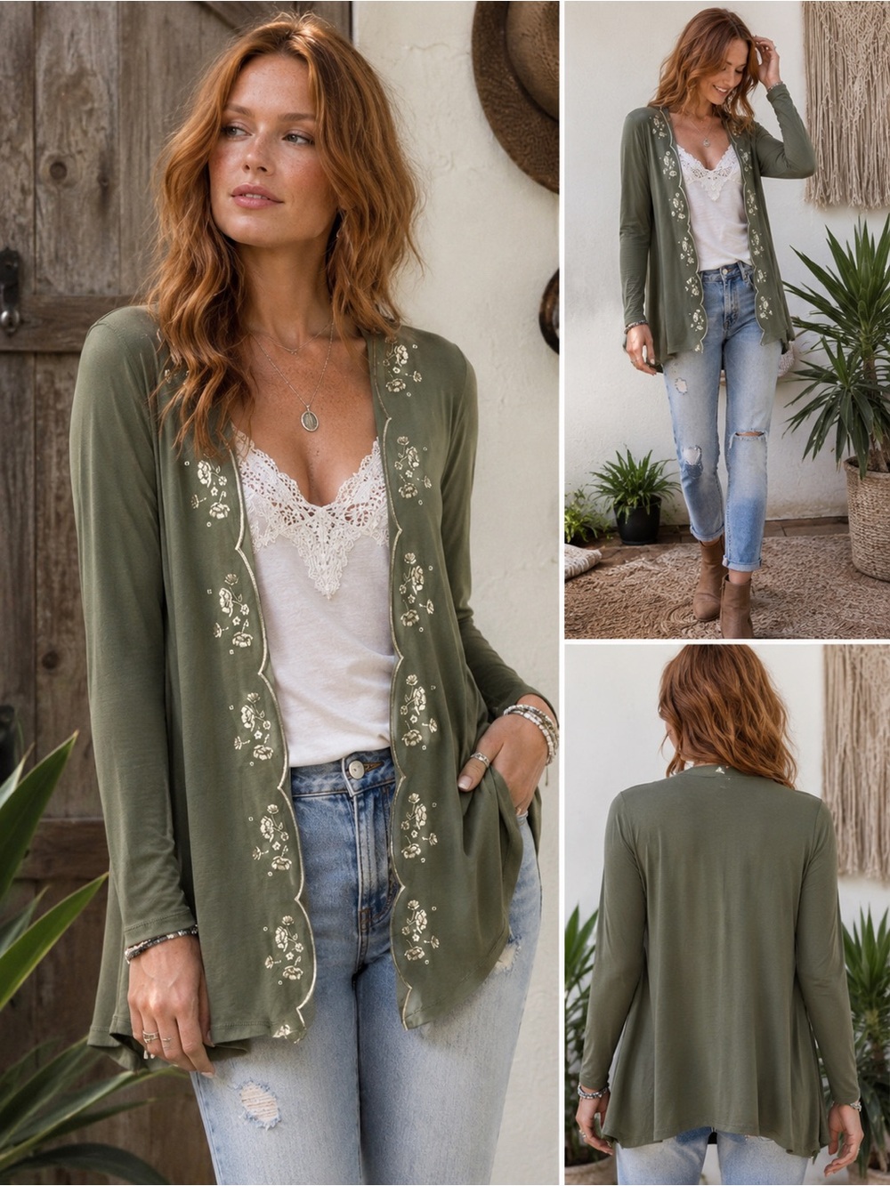 Alya Olive Green Embroidered Open Front Cardigan Medium Boho Floral